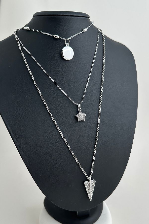 Modex-Geometric Triangle Shaped Triple Necklace with Silver Color Stones 1