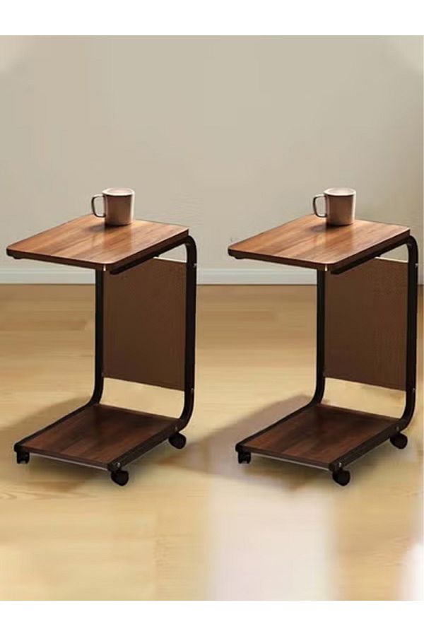 Taimi-2 piece Modern C-Shaped Table with Wheels and Side Pocket 45x30x63CM - Brown Color with Black Frame 1
