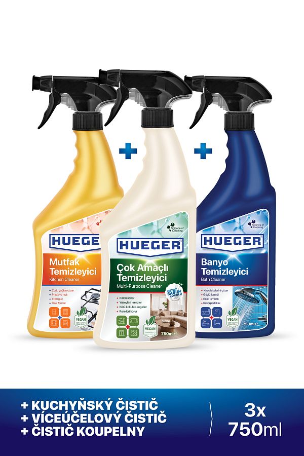 Hueger-Čistič kuchyně, víceúčelový čistič povrchů a čistič koupelen, sada 3 kusů 750 ml 1