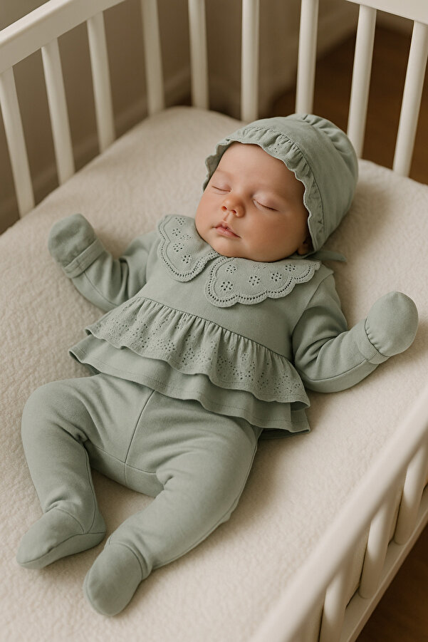 Cherub Baby Elit Bebe Yaka Fistolu %100 Pamuk Yenidoğan Kız Bebek 5 Parça Hastane Çıkışı Zıbın Seti