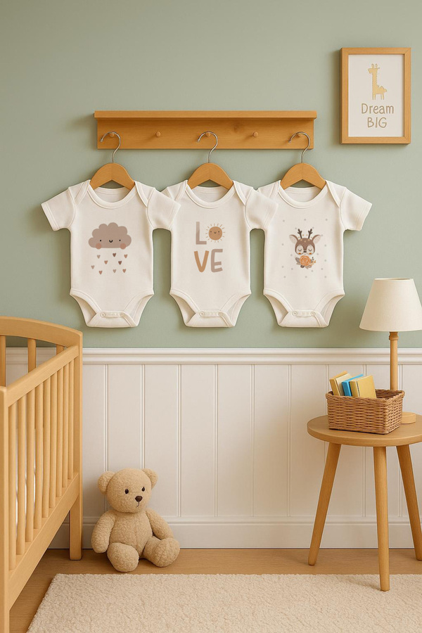 bebeqon 3’lü Geyikli Organik Baskılı Bebek Body Seti Kısa Kollu Çıtçıtlı Beyaz %100 Pamuk