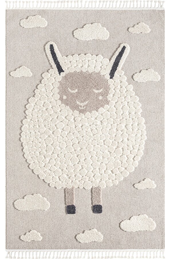 Eliz Home Krem Bej Yumuşak Bukleli Figürlü Dokuma Halı Bebek Odası Çocuk Odası Genç Odası Halısı 21