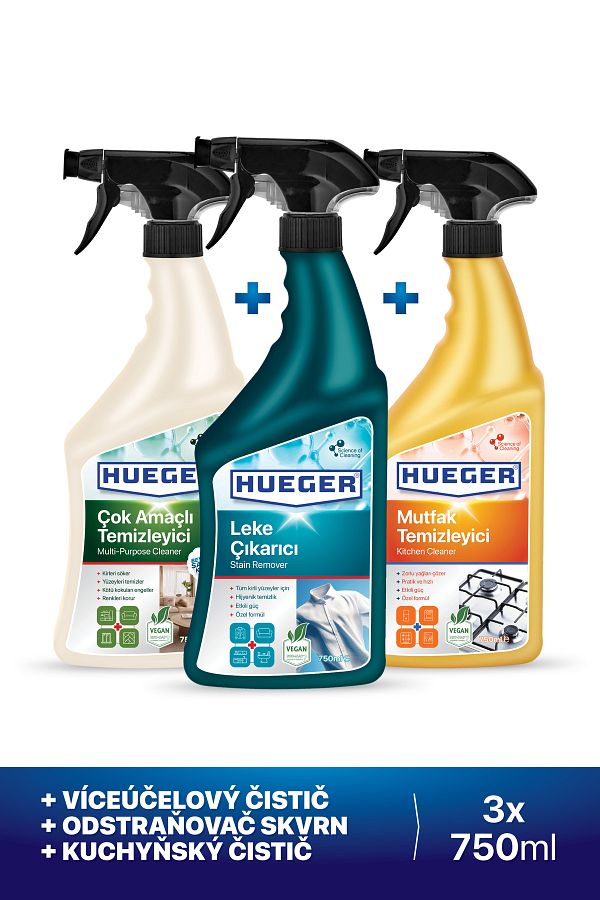 Hueger-Víceúčelový čistič povrchů, odstraňovač skvrn ve spreji a čistič kuchyně, sada 3 kusů 750ml 1