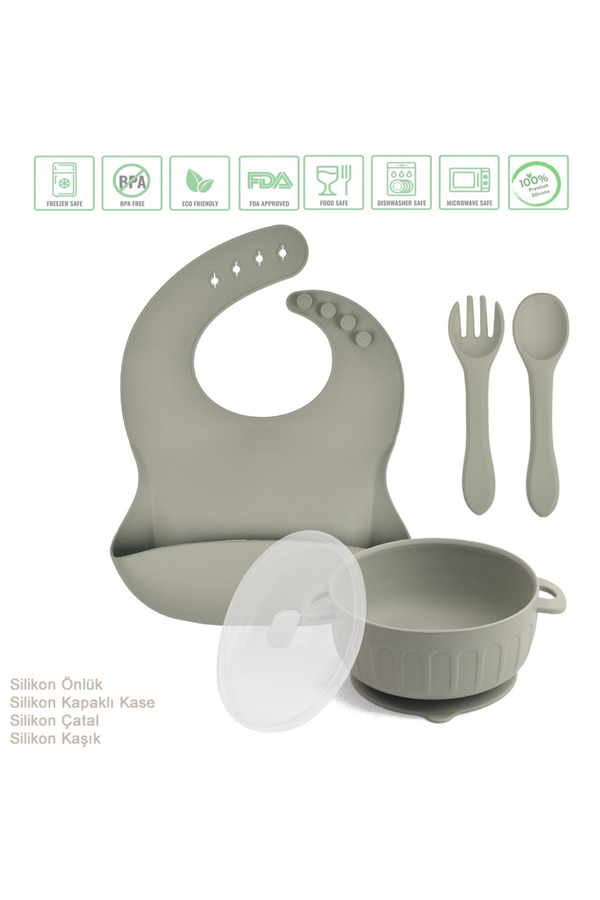 jojobebek Silikon Beslenme Seti Silikon Vakumlu Kapaklı Mama Kasesi , Silikon Önlük, Çatal Ve Kaşık / Gri