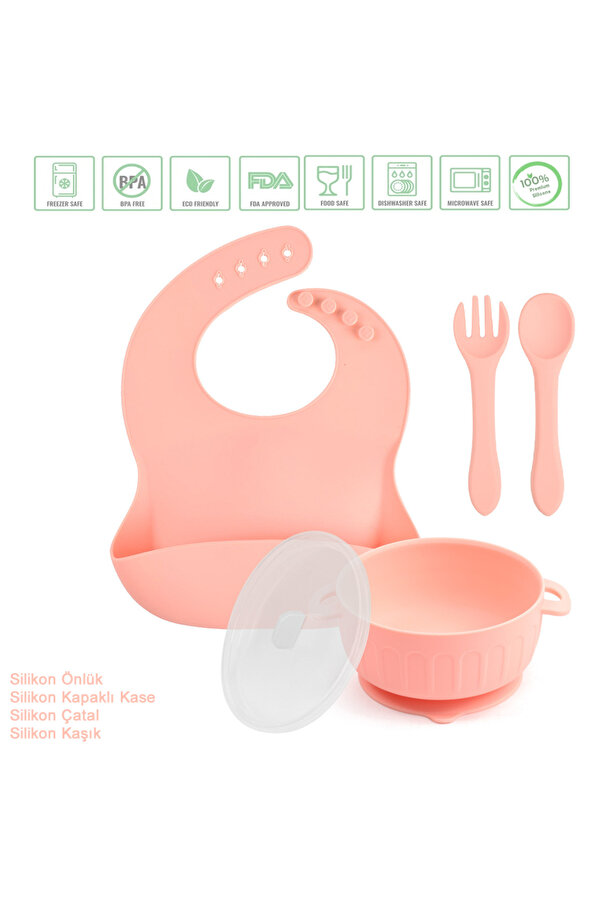 jojobebek Silikon Beslenme Seti, Vakumlu Kapaklı Mama Kasesi, Silikon Önlük, Silikon Kaşık Ve Çatal / Pembe