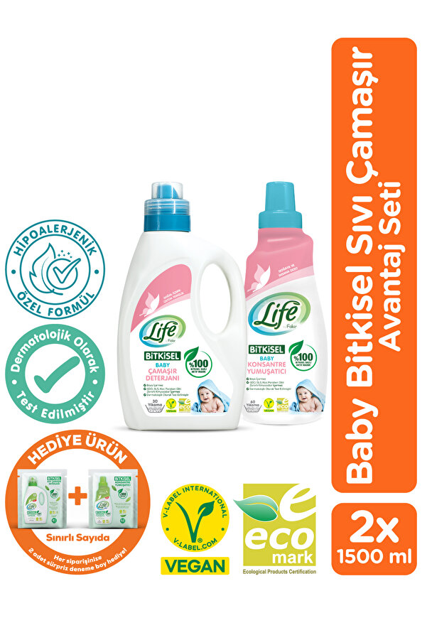 Life By Fakir %100 Bitkisel Bazlı Vegan Baby Sıvı Çamaşır Deterjanı Ve Yumuşatıcı Seti, %100 Doğal Temizlik