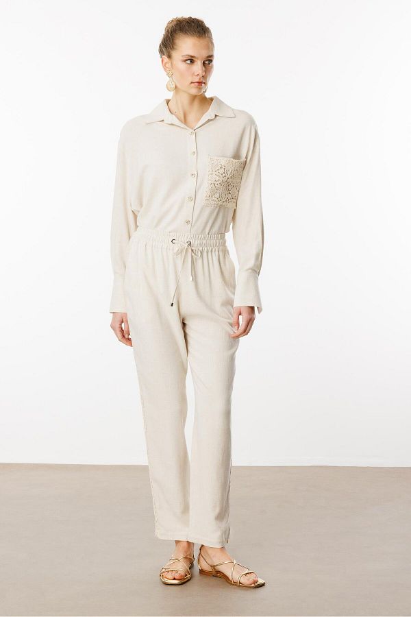 Moda İlgi-Modailgi Buy Elastic Waist Trousers with Guipure Fabric Tape Detail on the Sides Original 1