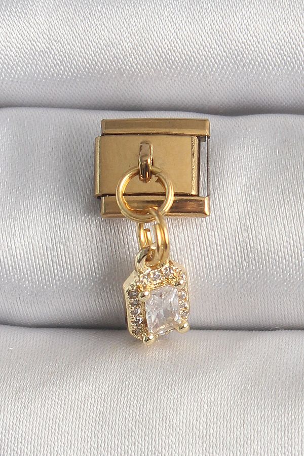 Skygo-316L Steel Gold Color Hanging Zircon Stone Square Model Nomination Charm - Tj-Bc1348 1