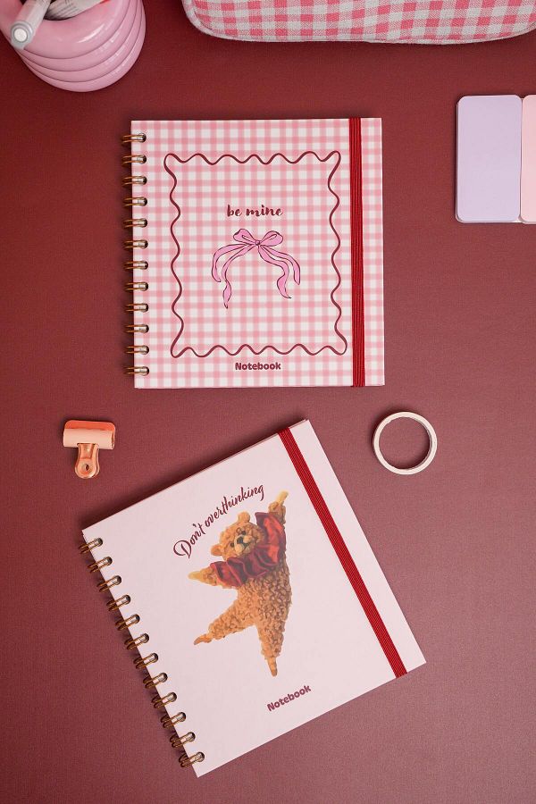 Matt Notebook-15X15 cm Square Set of 2 Spiral Lined Undated Notepad Gingham Teddy Bear 1