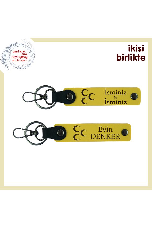 Miaju-Surprise with Meaning Loaded for Lover – Three Crescent Leather Keychain Set, Personalized by Name, Yellow-Yellow 1