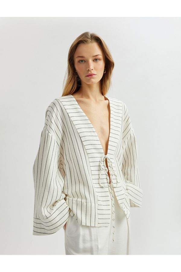 Koton-Cotton tie detail long wide-sleeve double-breasted kimono jacket. 1