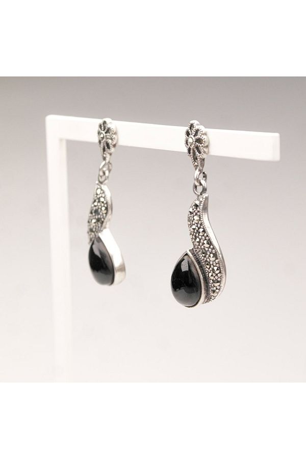 Skygo-Marcasite Stone Silver Drop Oltu Stone Earrings 1