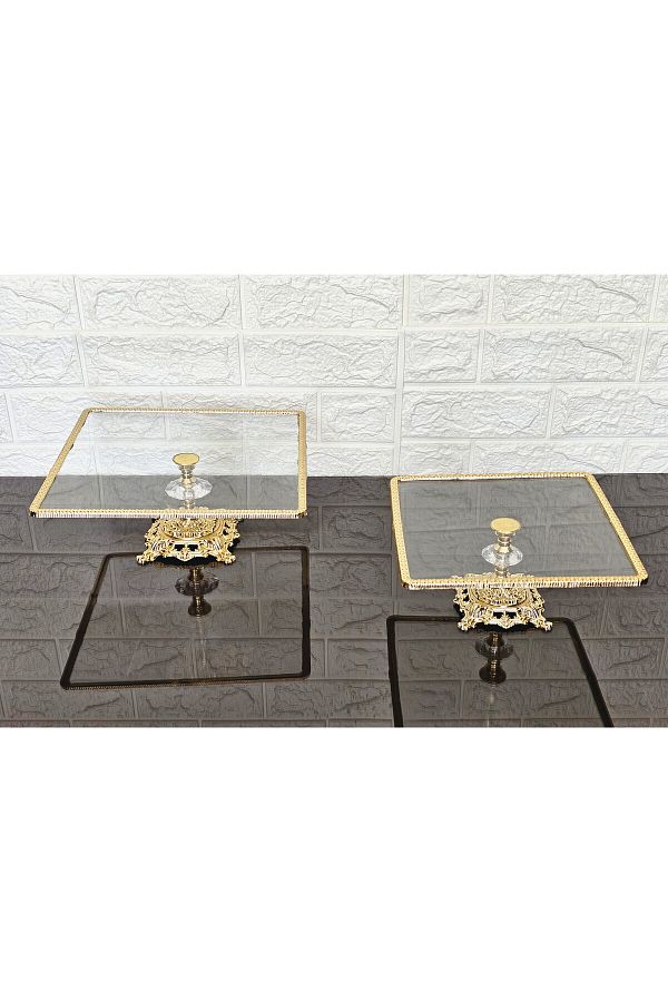 atabey home-Glass 2-Pack Square Serving Plate-Presentation Plate-Speech Tray-Presentation Tray-Dump Gold Frame 22+27cm 1