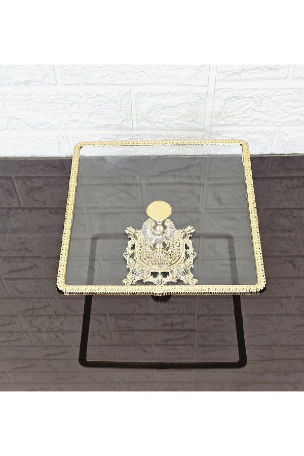 atabey home-Glass Small Square Serving Plate-Presentation Plate-Speech Tray-Presentation Tray-Dump Gold Frame 22cm 1