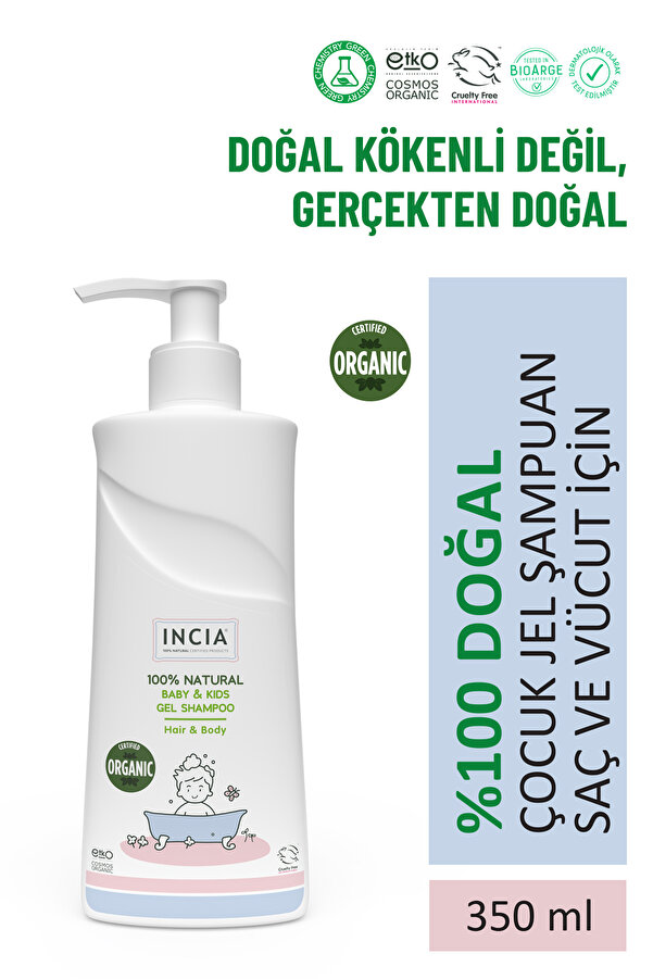 INCIA %100 Doğal Organik Sertifikalı Bebek ve Çocuk Jel Şampuanı Saç Vücut Lavanta Konak Önleyici 350 ml