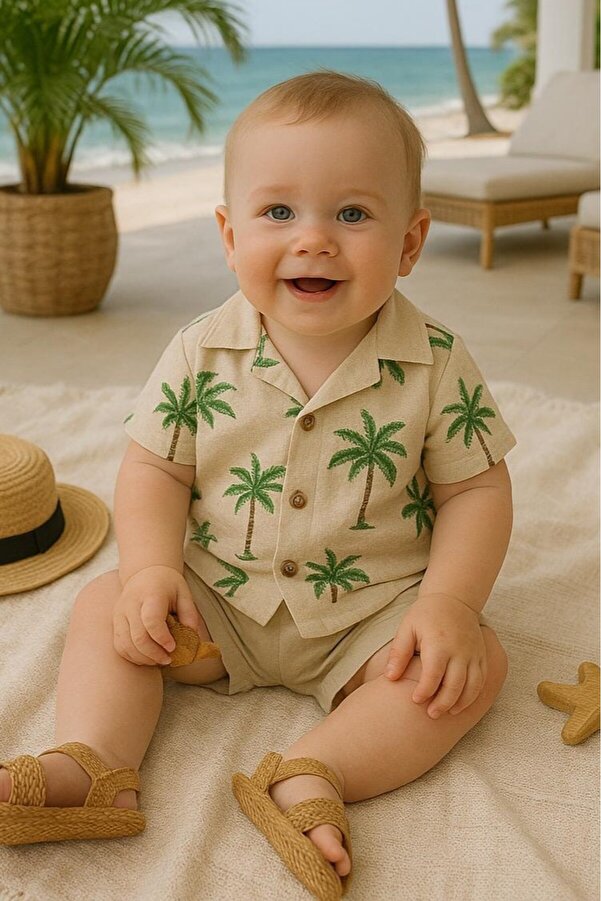 Bolly Baby Hawana Palmiye Gömlek Şort Müslin Yazlık Erkek Bebek Takım
