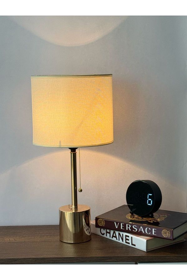 Living-Luxury Table Lamp with Gold Cylindrical Base and Beige Linen Shade 1