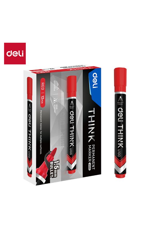 Deli-Deli EU10040 Permanent Marker, Bullet Tip 1.5mm, Red, 12PCS/Box – For Office & Labeling Tasks 1