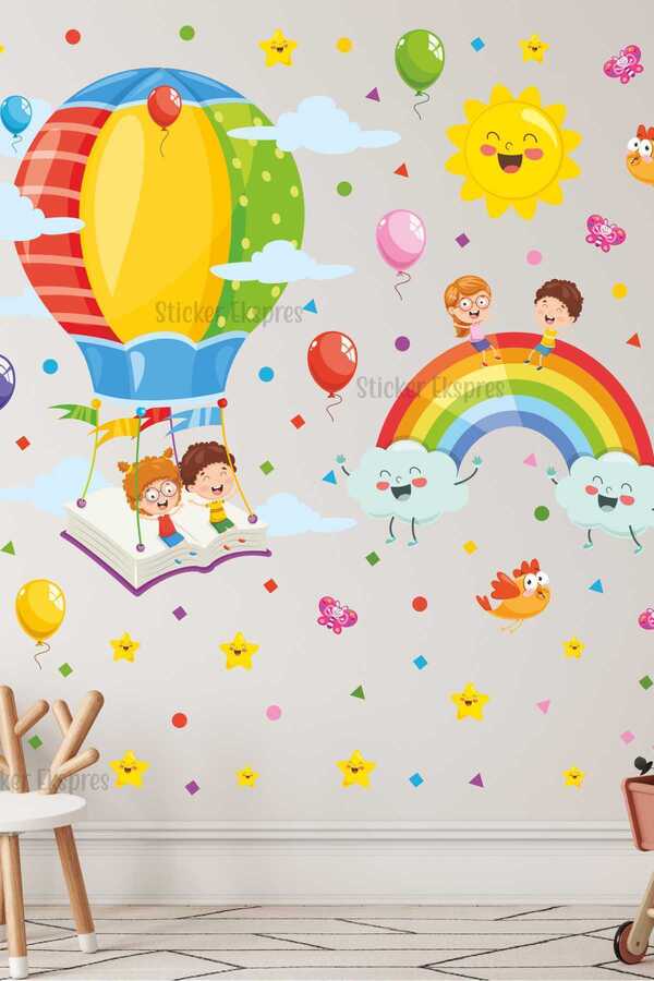 Sticker Ekspres Kitaptan Balonda Uçan Çocuklar Anaokulu Okul Çocuk Odası Kreş Duvar Kapı Cam Sticker Seti
