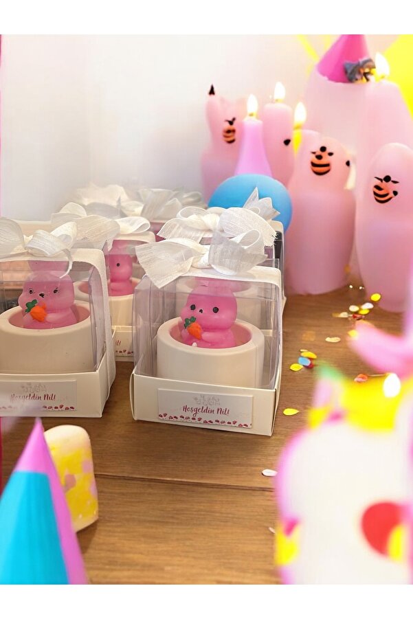 Stone Store Özel Gün Hediyesi Doğum Günü Bebek Mevlüt Baby Shower Tavşan Mum Pembe 10 Adet