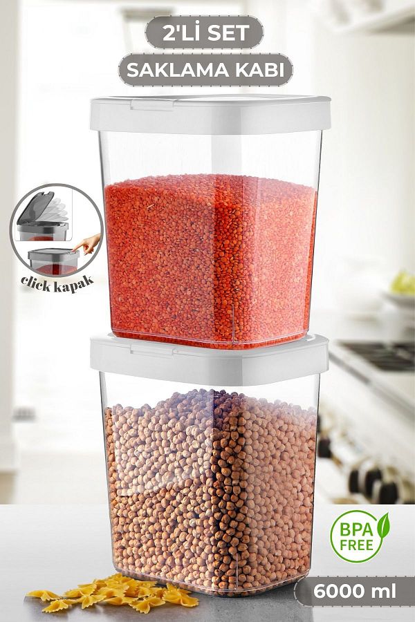 MYBOX-2-Piece Mega Flour Pulses Food Container - Detergent Dispenser Powder Detergent Storage Box with Lock Lid 2X6 Lt 1