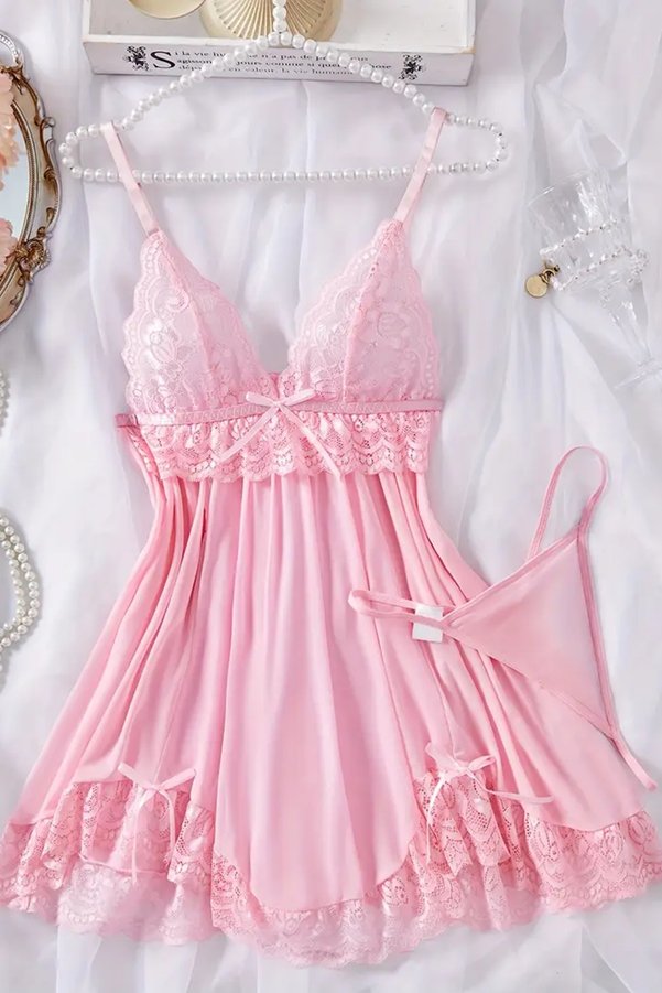 Merry See Lace Strappy Soft Thong and Nightgown Set