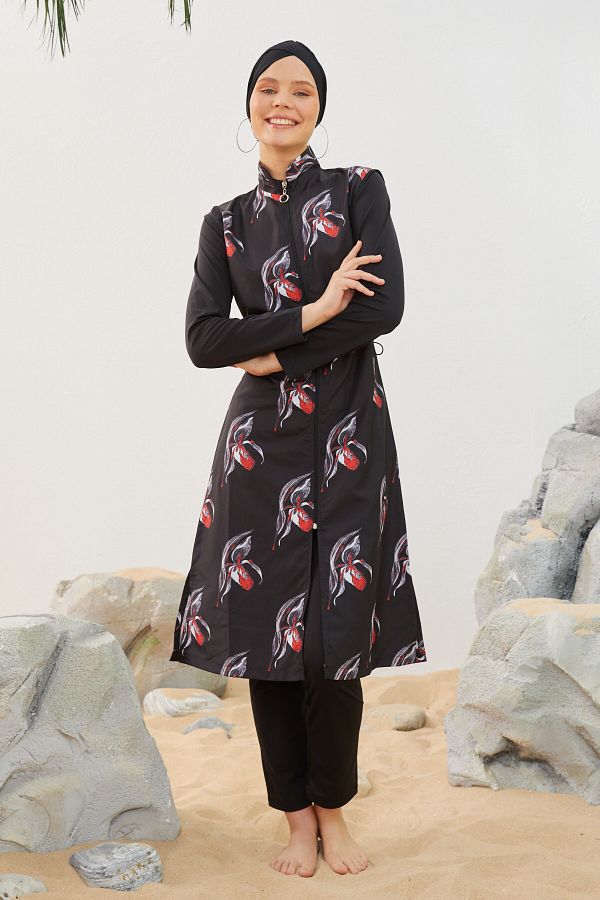 Starinci Mayo-Costum de baie complet acoperit cu guler în picioare Hijab Model negru cu model 1