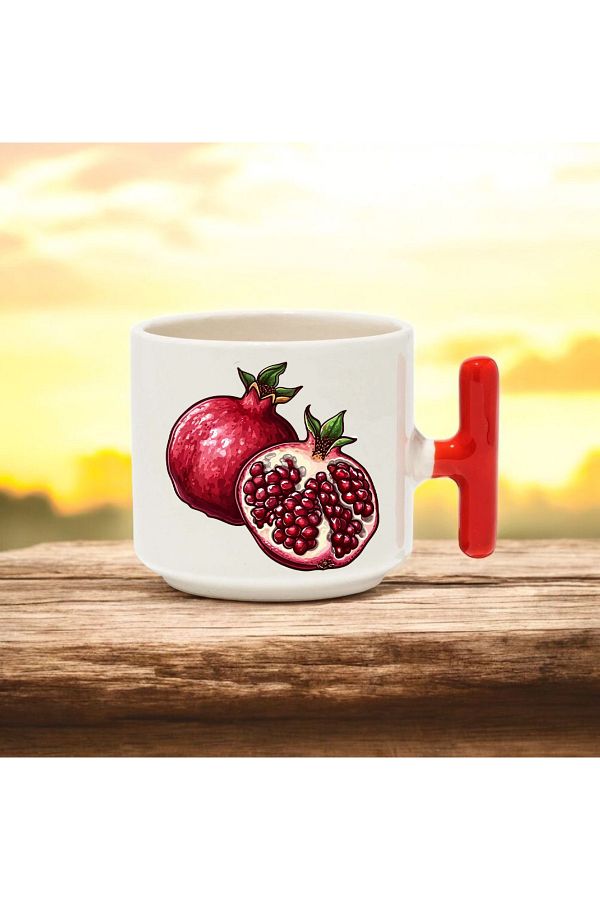 BB TRADE-Pomegranate Designed Red T-Handle Ceramic Printed Mug 250 ml 1