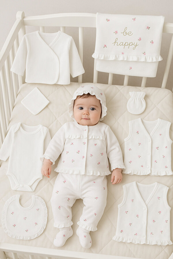 Cherub Baby Be Happy Çiçekli Fistolu %100 Pamuk Yenidoğan Kız Bebek 10 Parça Hastane Çıkışı Zıbın Seti