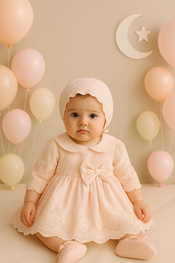 Cherub Baby Manolya Kız Bebek Bebe Yaka Fisto Elbise Yenidoğan Lüx Elbise Seti - Hastane Çıkışı Mevlütlük Takım