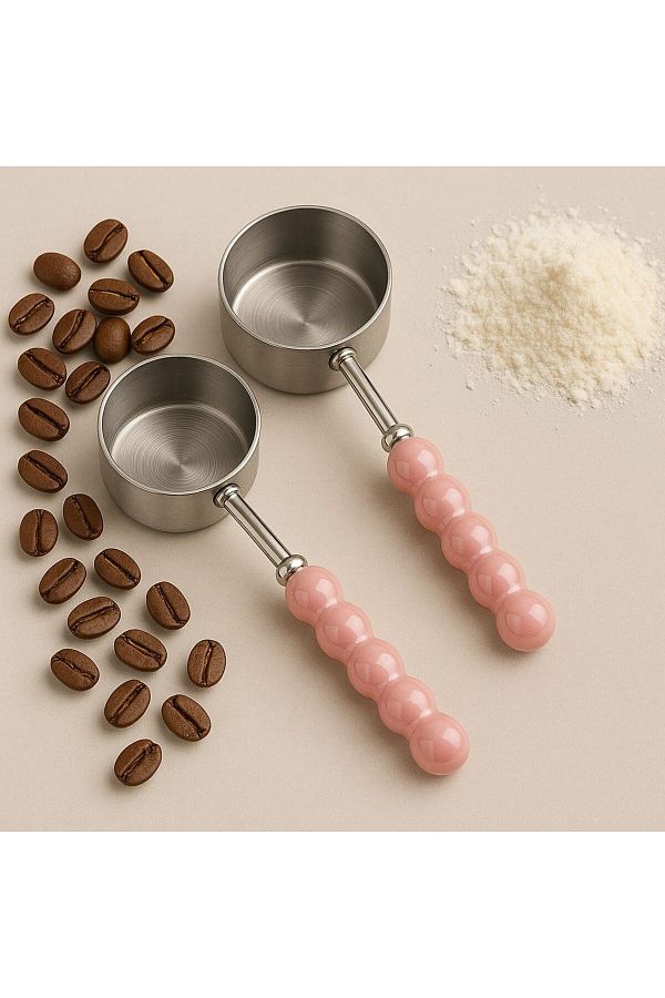 Qerhome-Set of 2 Porcelain Pearlescent Pink Handle Measuring Spoons Silver 5ml 1