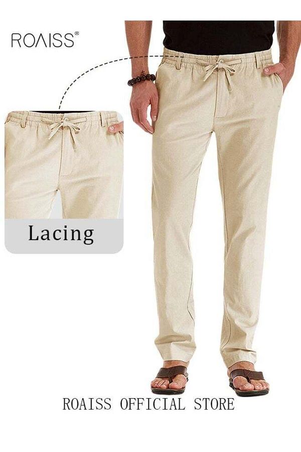 ROAISS-Men's Casual Solid Color Pants Loose Drawstring Waist Elastic Design Cotton Versatile Trousers 1