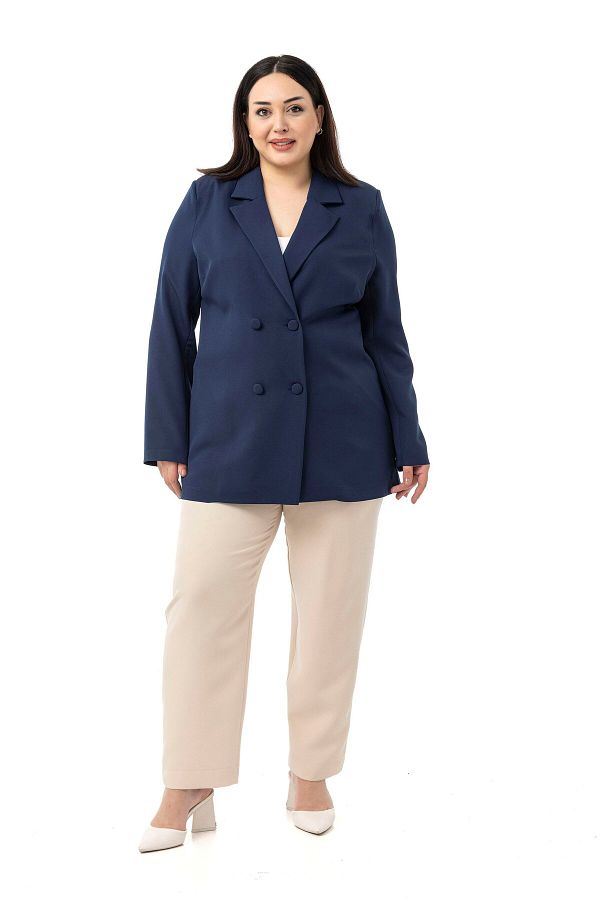DISENTIS MODEST-Plus Size Coated Buttoned Double Breasted Navy Blue Unlined Jacket 1