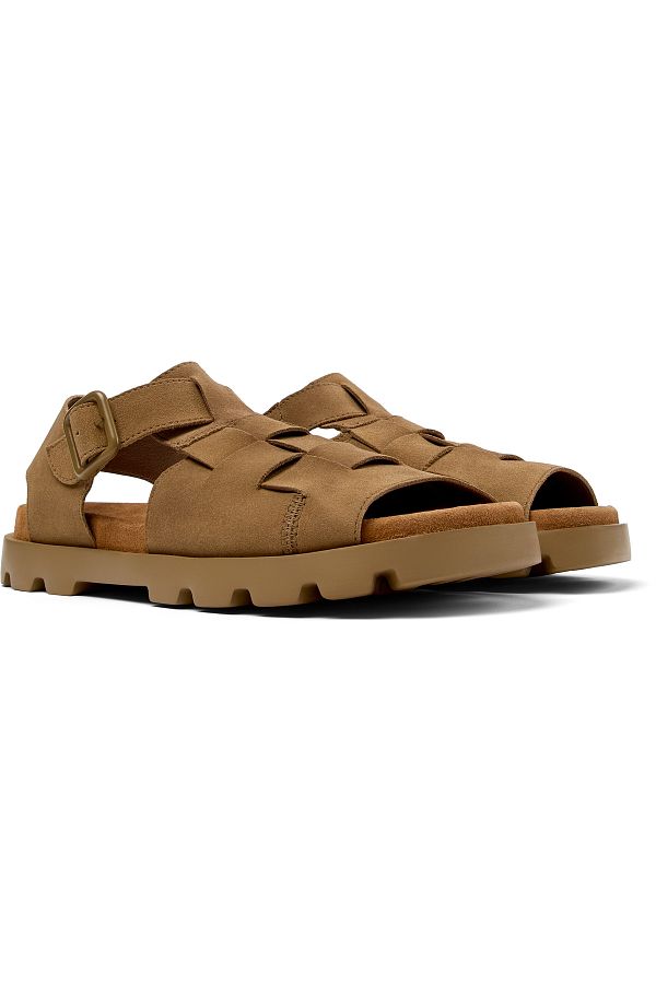 CAMPER-Men's Brown Hook And Loop Sandals Leather Upper With Open-Toe Comfortable EVA Sole Brutus 1