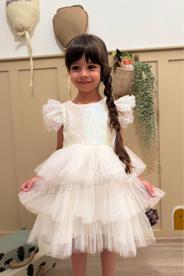 penu baby kids Beyaz Üstü Pul Payetli Eteği 3 Katlı Tül Kız Çocuk Kız Bebek Elbise