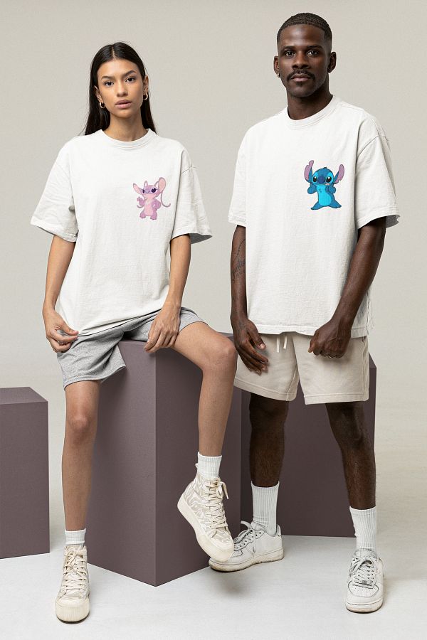 Pear Wear-Tricou pentru cuplu Lilo Stitch Dear Couple Team Tricou alb oversize Motto Dear Couple 1