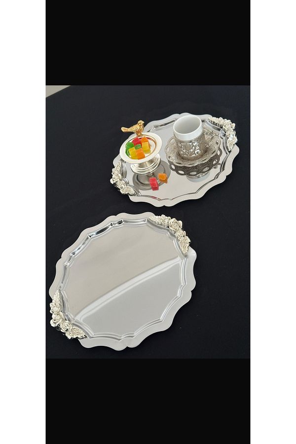 Elzemm store-2 Pcs Steel Round Wavy Silver Handle Service and Presentation Tray 1
