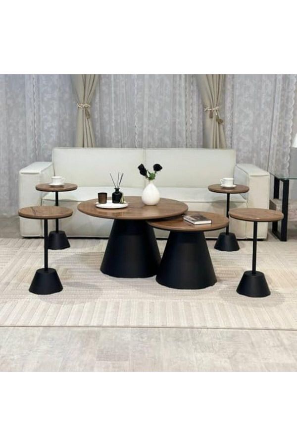 l'elefante-Set Of 6 Nested Coffee And Side Tables With Solid Wooden Surface And Metal Base 1