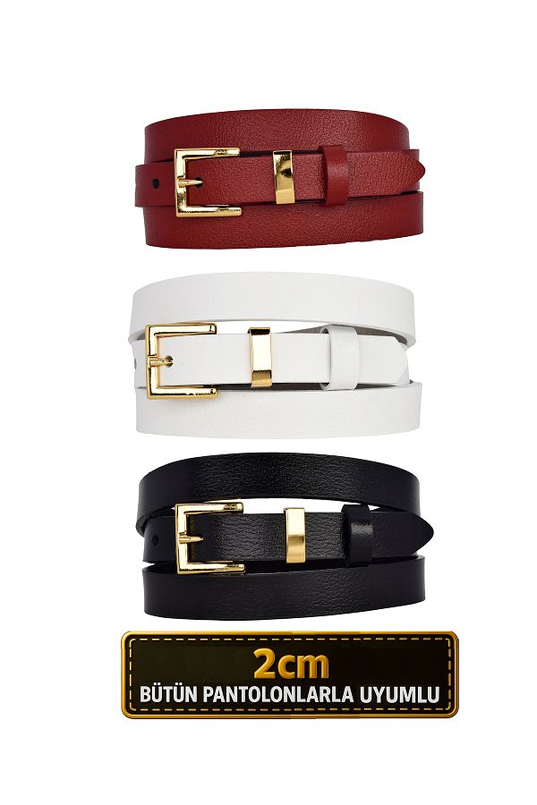 GoDeri-100% Genuine Leather Set of 3 Gold Color Suit Buckle 2cm Women's Belt Black, White, Red_Kare_Gold 1