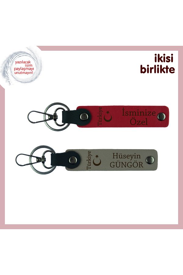 Miaju-Ayyıldız and Türkiye Motif Keychain Set – Gift That Can Be Written on with Name, Red-Ash Gray 1