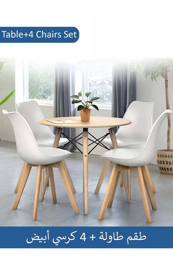 Taimi-5-Piece Dining Set Modern Round Dining Table 80x80x72cm with 4 Elegant Chair White Soft Padded Seats 1