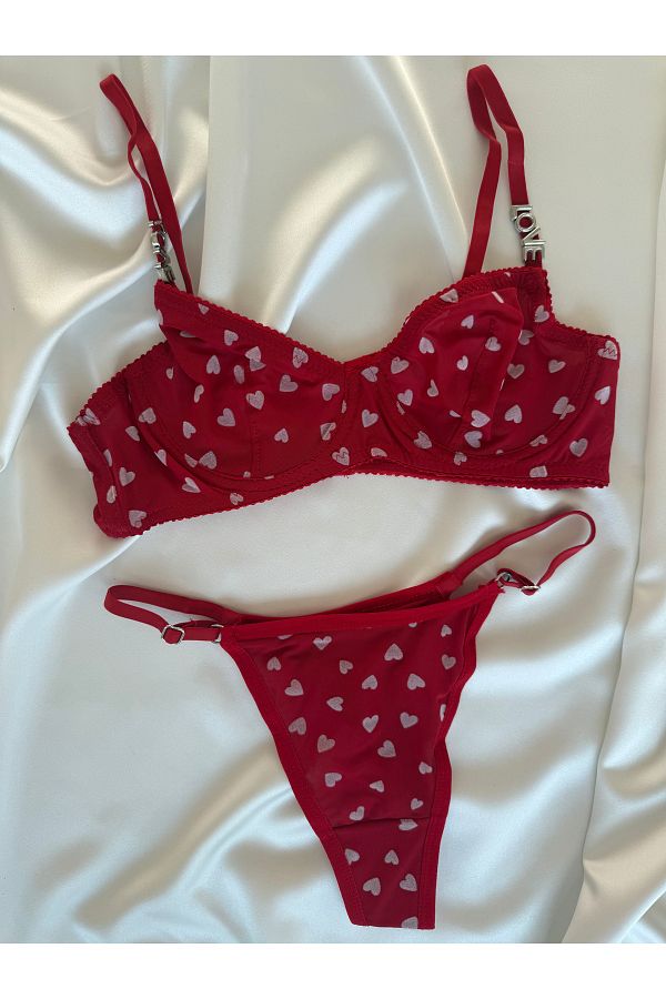 Pijamacs-Transparent Detailed Red Heart Patterned Bralet Set Bra Set 1