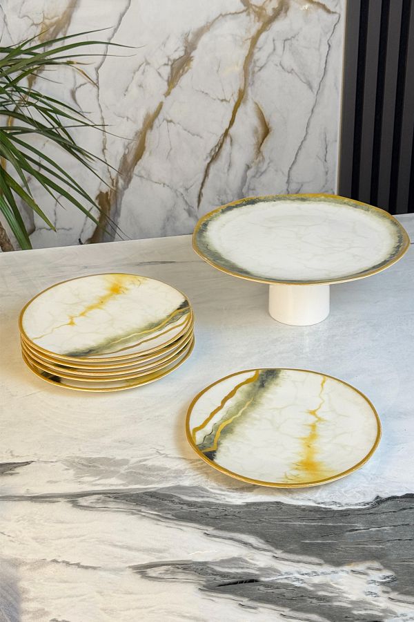MAY HOME-7 Piece Yeh Porcelain Cake Presentation Set with Stand & Footed Cake Pastry Cookie Serving Set 1