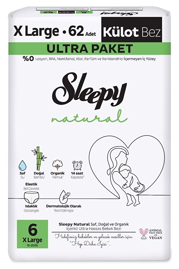 Sleepy Külot Bebek Bezi Natural Beden:6 (15-25KG) Extra Large 62 Adet Ultra Pk