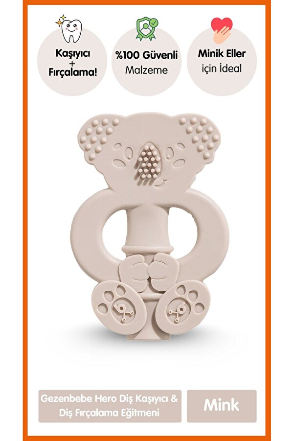 Gezenbebe Hero Bebek Diş Kaşıyıcı & Diş Fırçalama Eğitmeni Mink Bej, Silikon Dişlik