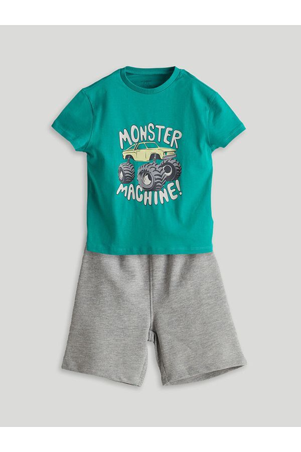 LC Waikiki-Lcw Kids Green Printed Boys T-Shirts and Shorts 2-Piece 1