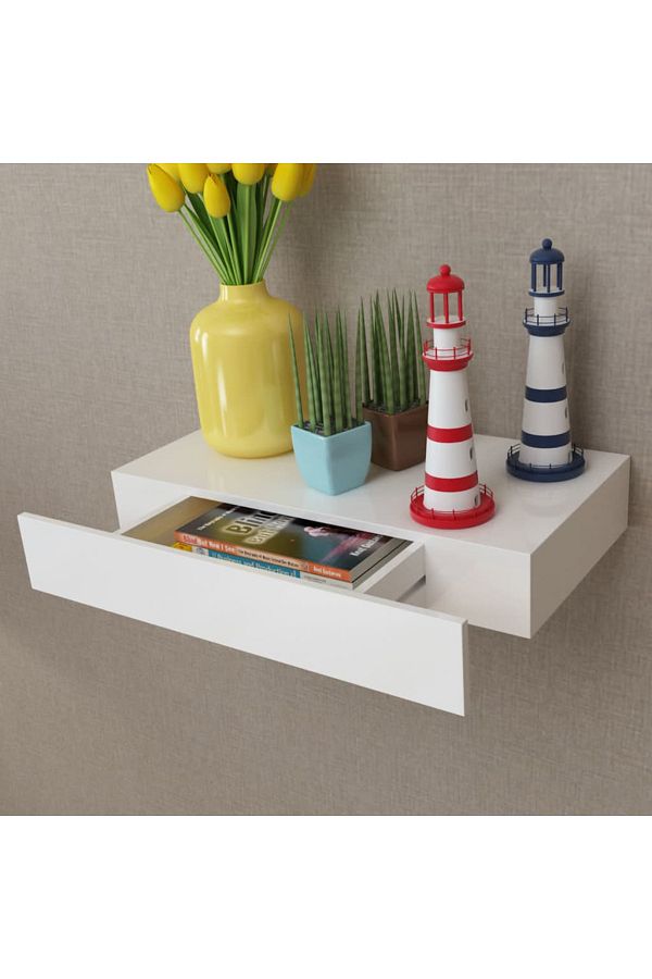 vidaxl-White MDF Floating Wall Display Shelf 1 Drawer Book/DVD Storage 1