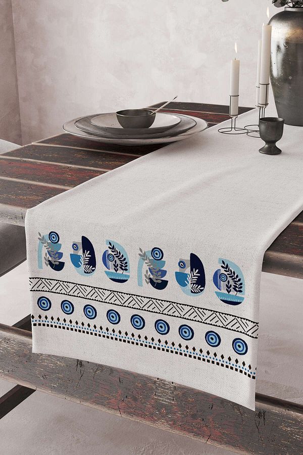 Cango Home-Alb Albastru Evil Eye Bead Modern Model Digital Printed Runner 4kmbs331-RN 1