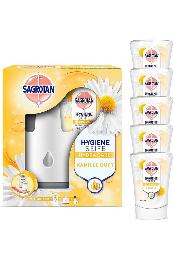 Dettol-Sagrotan Soap Dispenser Set + 5 Chamomile Soap Refills 250 ml - compatible with DETTOL 1