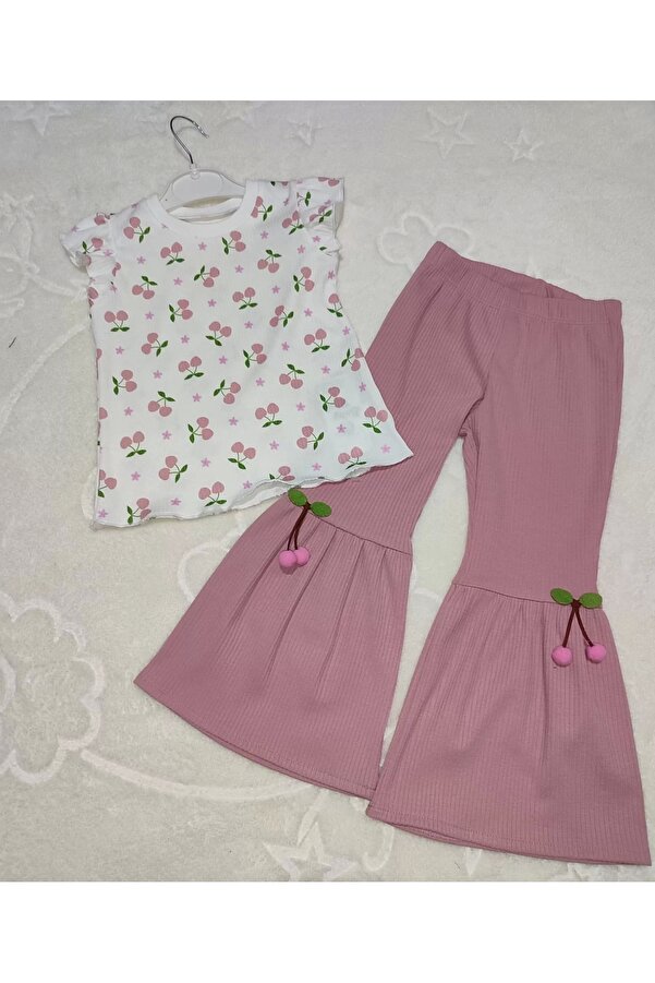 ALFA AKSESUAR 03 1-2-3-4 Yaş Kiraz Baskılı Tişört İspanyol Paçalı Likralı 2li Kız Çocuk Takımı Gül Kurusu